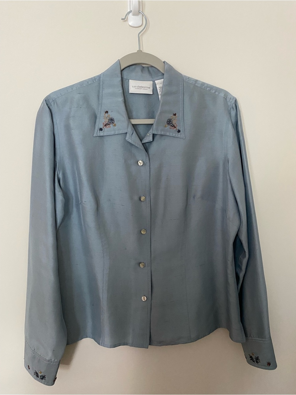 Liz Claiborne Silk Blouse Womens Size Large Button Front With Beaded Accents